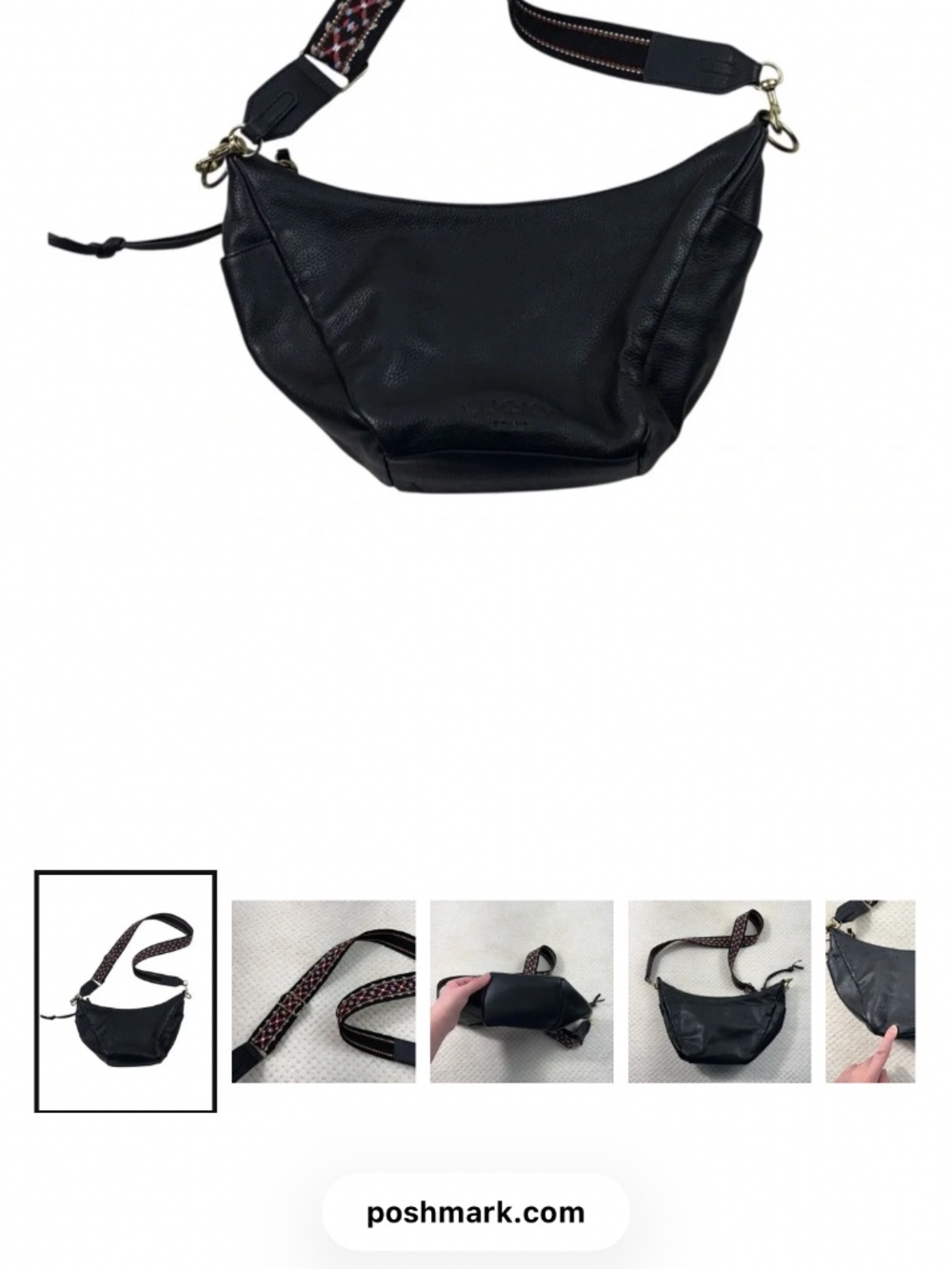 Lucky Brand Black Leather Guitar Embroidered Strap Crossbody Bag Purse Bohemian